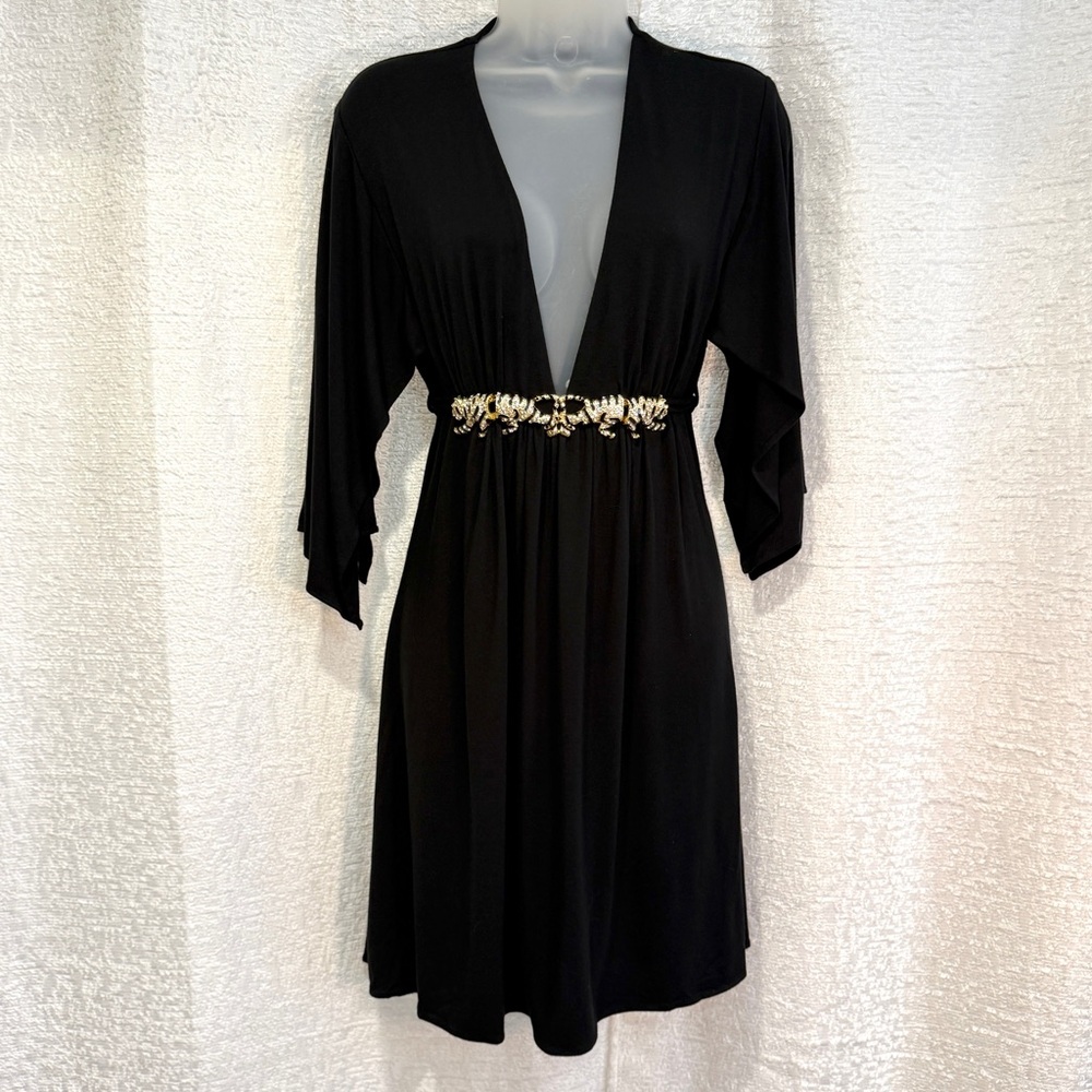 Amazing SKY Dress L Black V-Neck Bling Gold Rhinestone Tiger Trim Belt RHOC ASOS